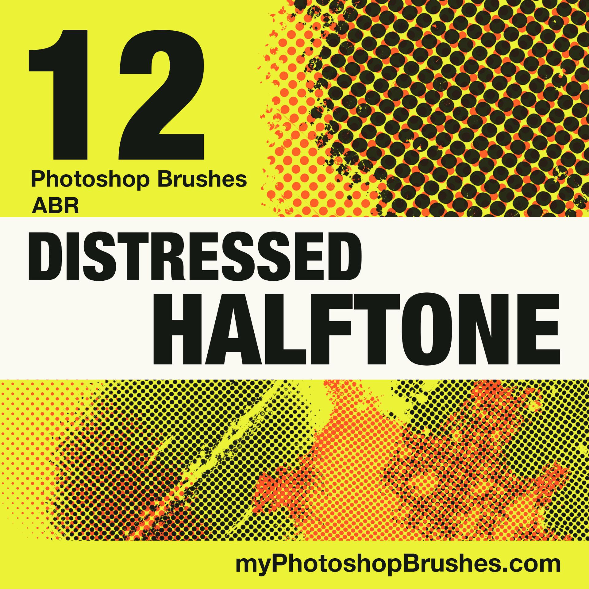 Acid-yellow poster with orange and black worn halftone impressions, a large 12, and staggered Distressed Halftone lettering across a cream band. 1