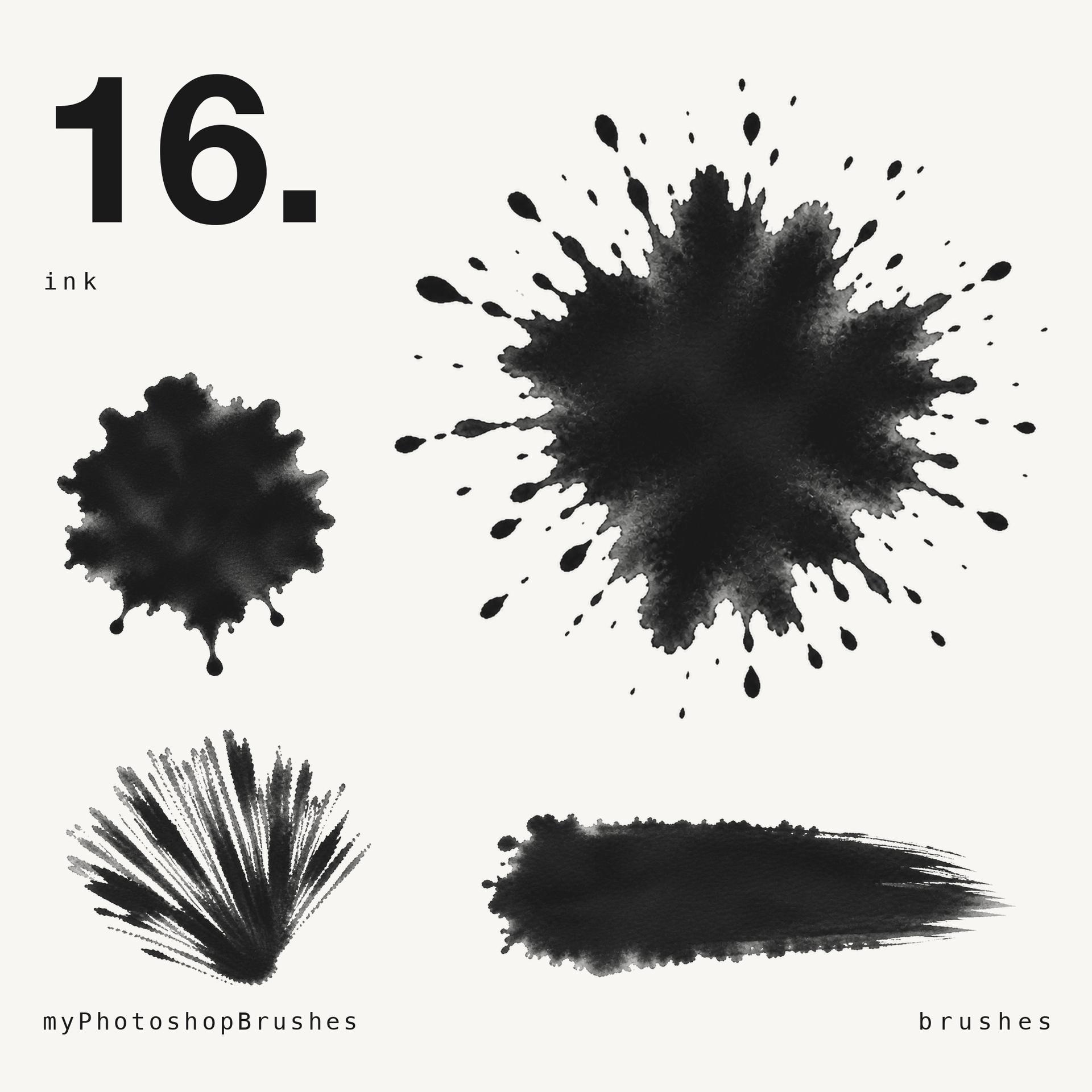 Four black India ink marks on off-white. A radiating splatter with teardrop droplets fills the right half; at the left a round blot with drips beading off it, a splayed dry fan below it, and a broad stroke drying to bristle along the bottom. 1