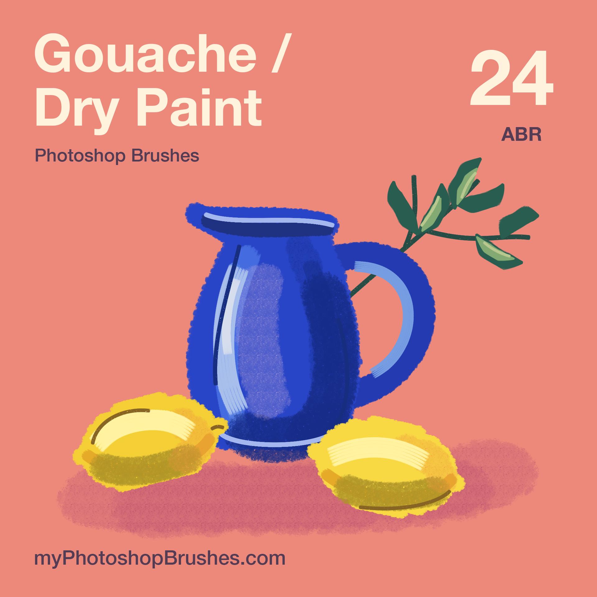 A cobalt blue pitcher, two yellow lemons and a green citrus branch painted with matte color, dry bristle highlights and grainy shading on a coral background beneath cream Gouache / Dry Paint lettering. 1