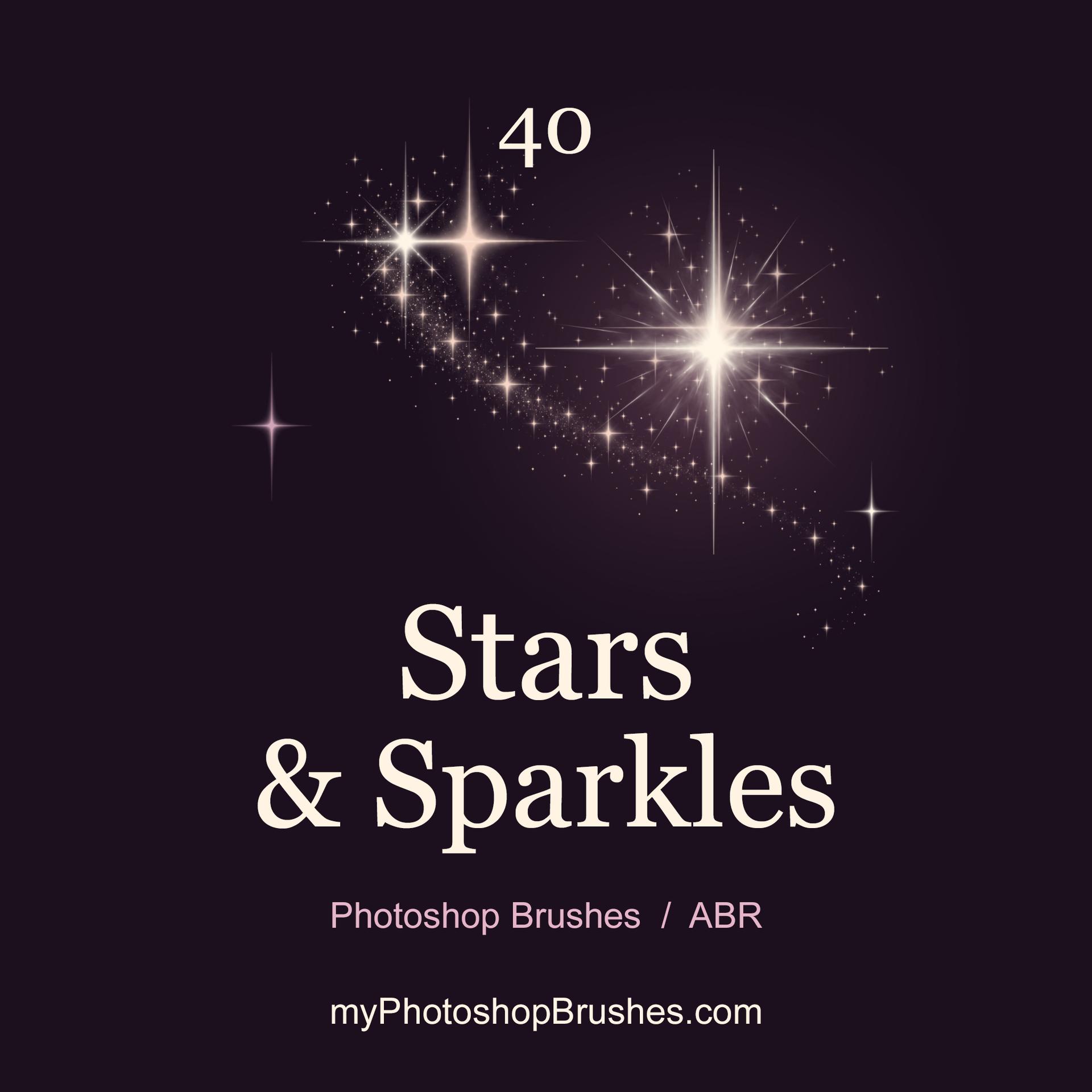 Champagne and rose starbursts follow a curved dust trail on a wine-black background above ivory Stars & Sparkles lettering, with the count 40, Photoshop ABR format and myPhotoshopBrushes.com. 1
