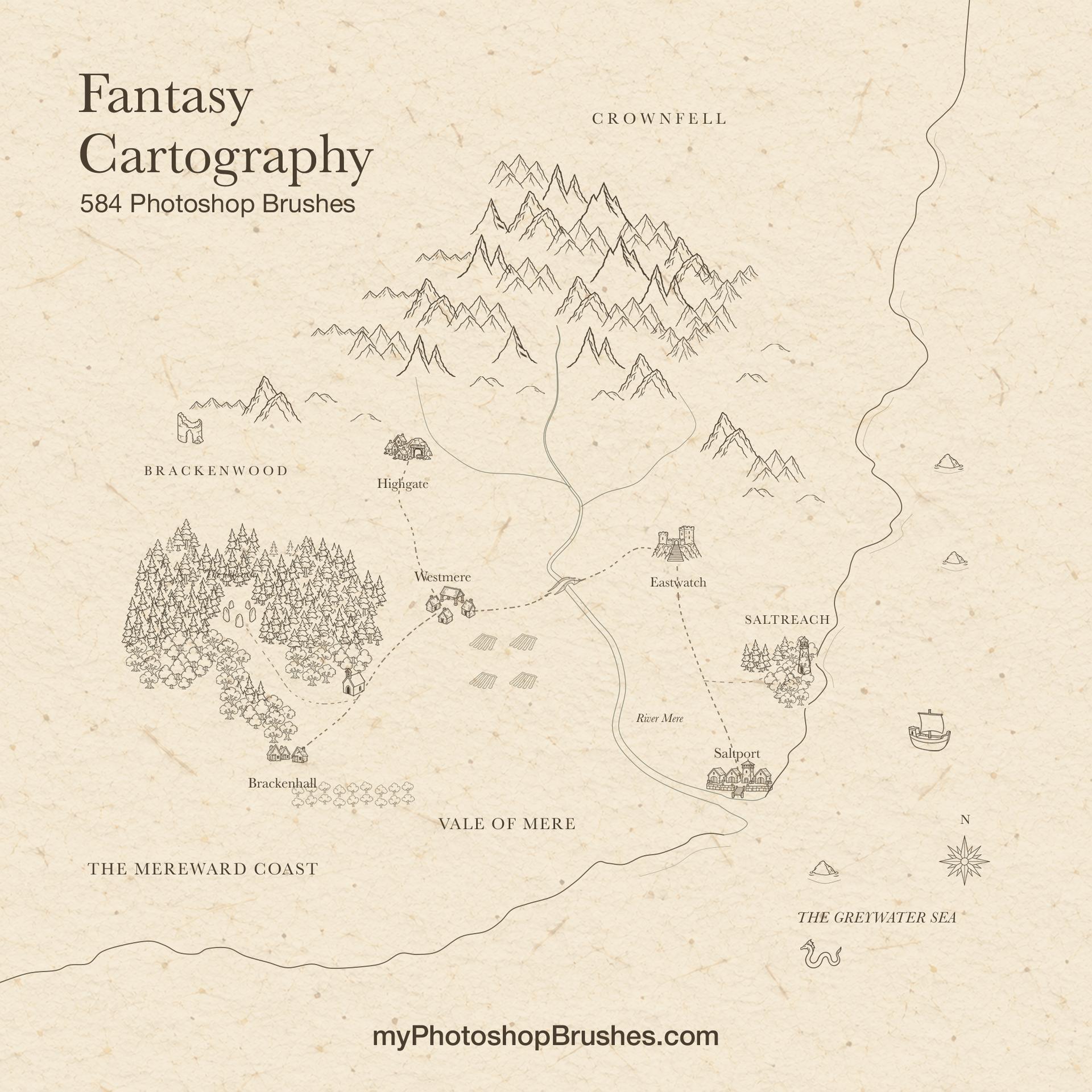 Sepia fantasy map on aged ivory paper, with a branching mountain range, clustered forests, villages linked by dashed roads, a stone bridge over a river and a port at its coastal mouth. 1