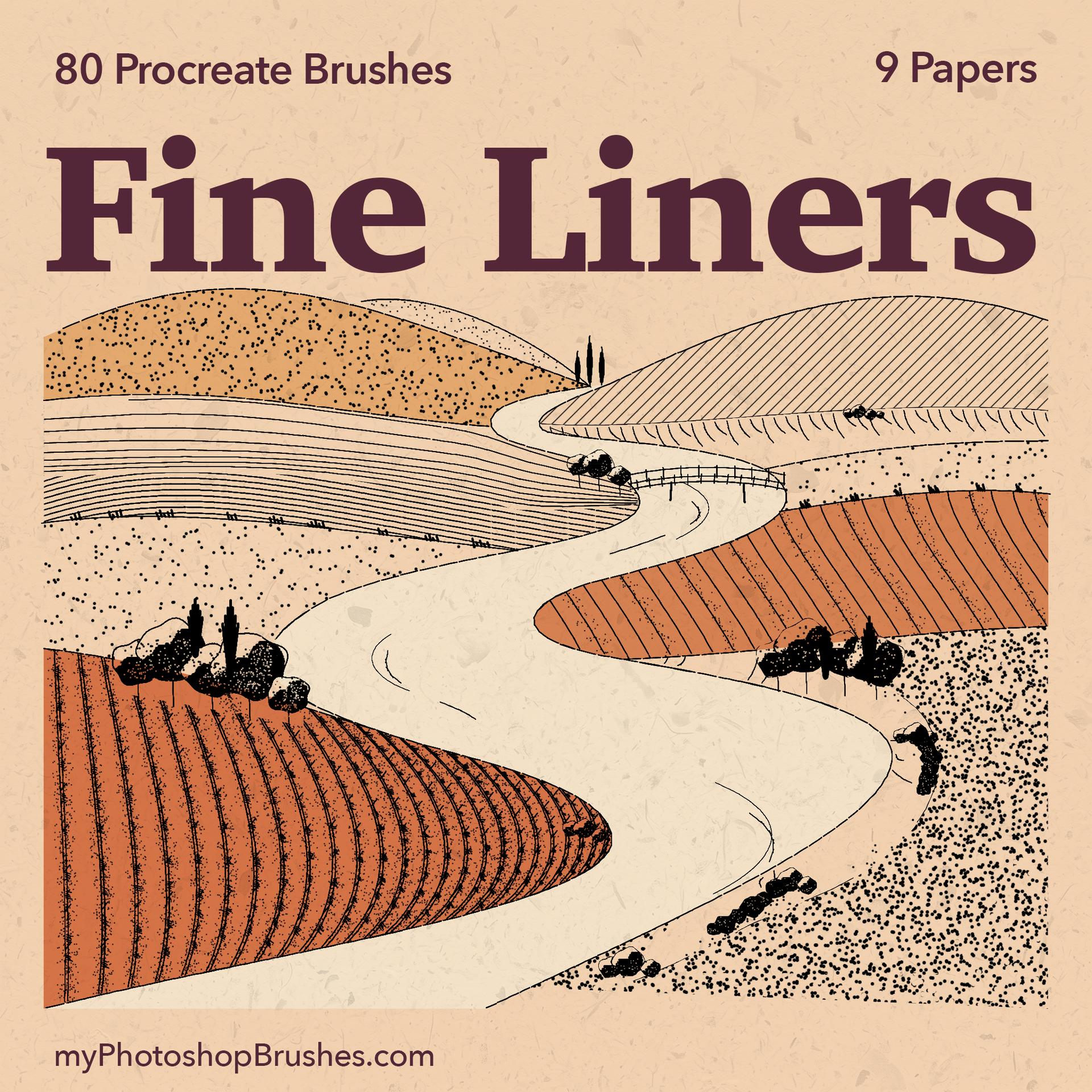 Fine Liners cover with an ink landscape of curved crop rows, stippled hills, trees and a bridge over a winding river on warm textured paper.