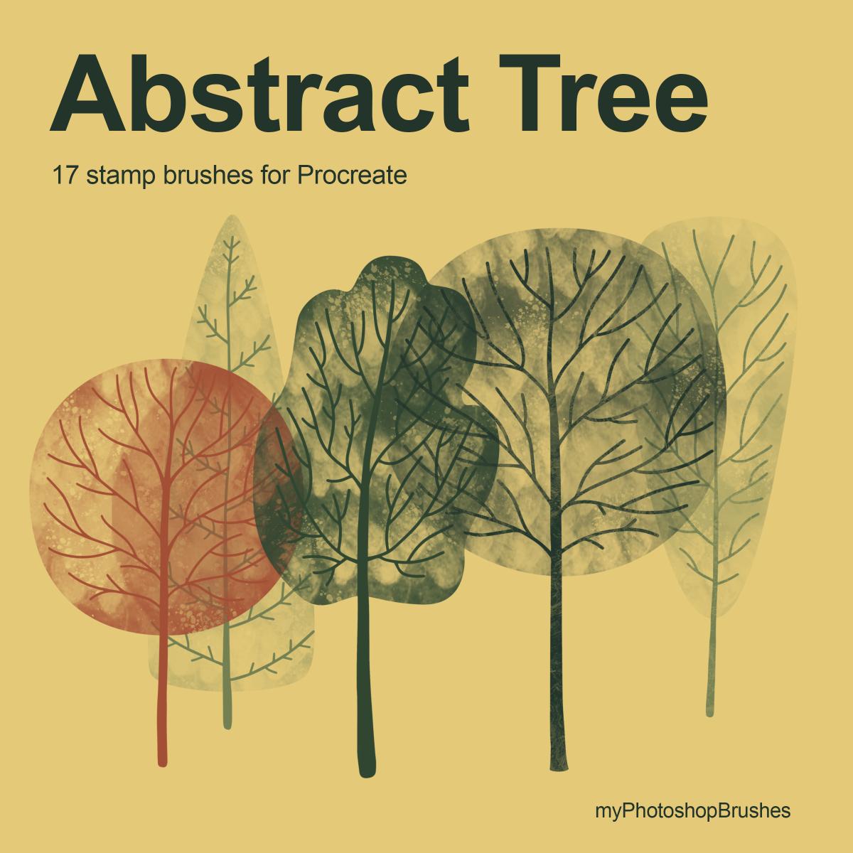 Abstract Tree Procreate cover with five overlapping tree stamps in olive and rust red on a golden background, labeled 17 stamp brushes for Procreate.