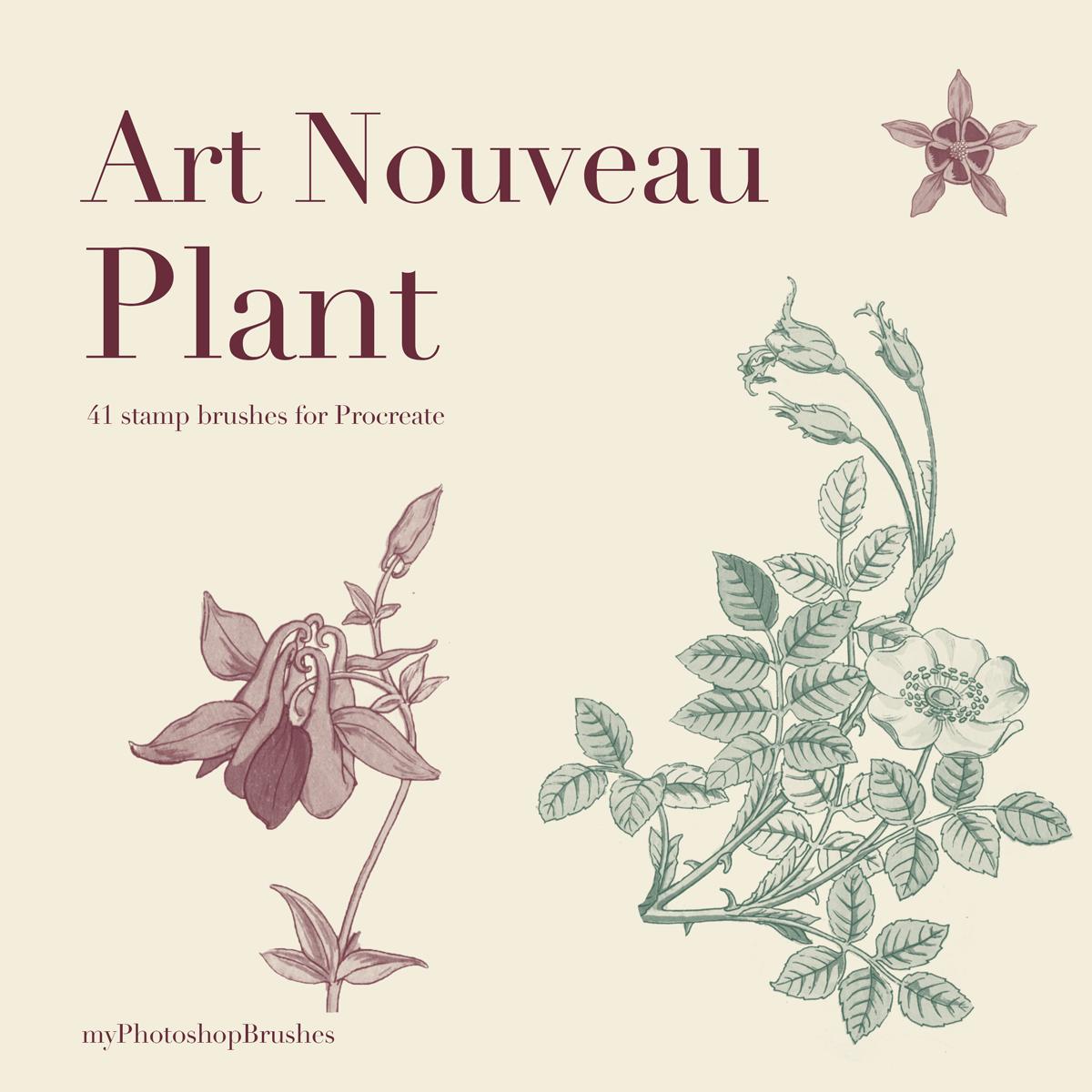 Art Nouveau Plant cover with rose and columbine stamps in green and burgundy on warm ivory, labeled 41 stamp brushes for Procreate.
