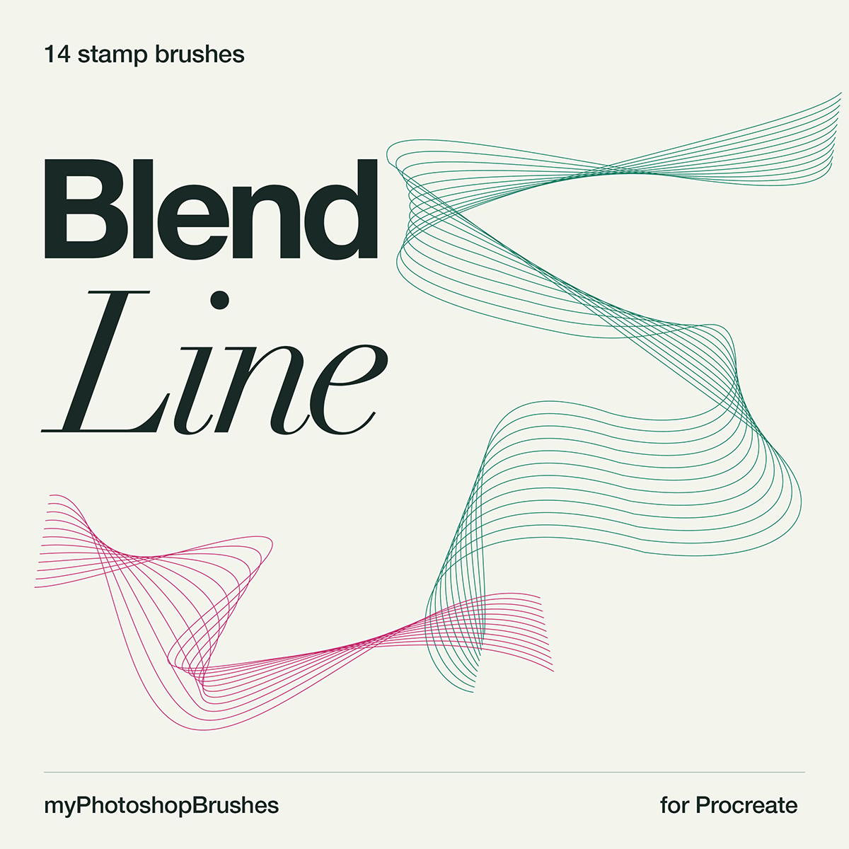 Blend Line cover with green and magenta ribbon stamps on pale paper, labeled 14 stamp brushes for Procreate. 1