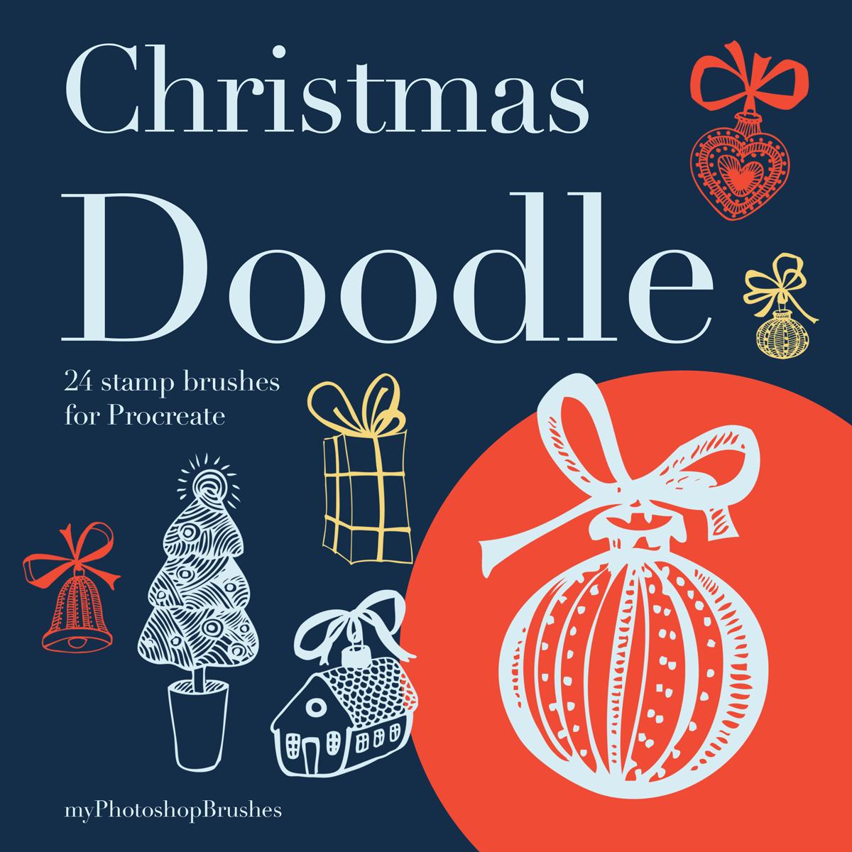 Christmas Doodle cover with a large white bauble, red circle and pale blue lettering on navy, labeled 24 stamp brushes for Procreate.