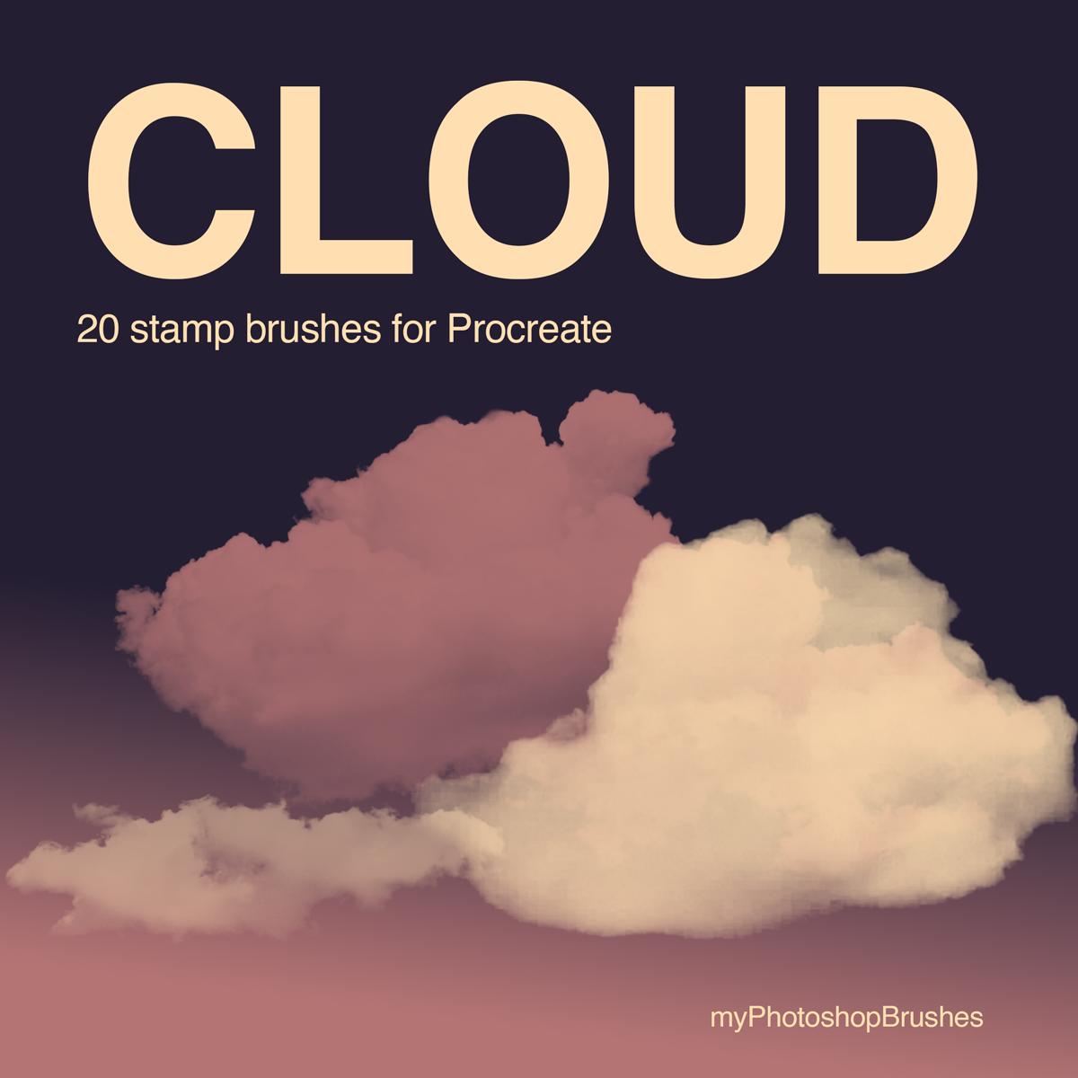 Cream and muted pink cloud stamps on a dark plum background, with Cloud and 20 stamp brushes for Procreate lettering.