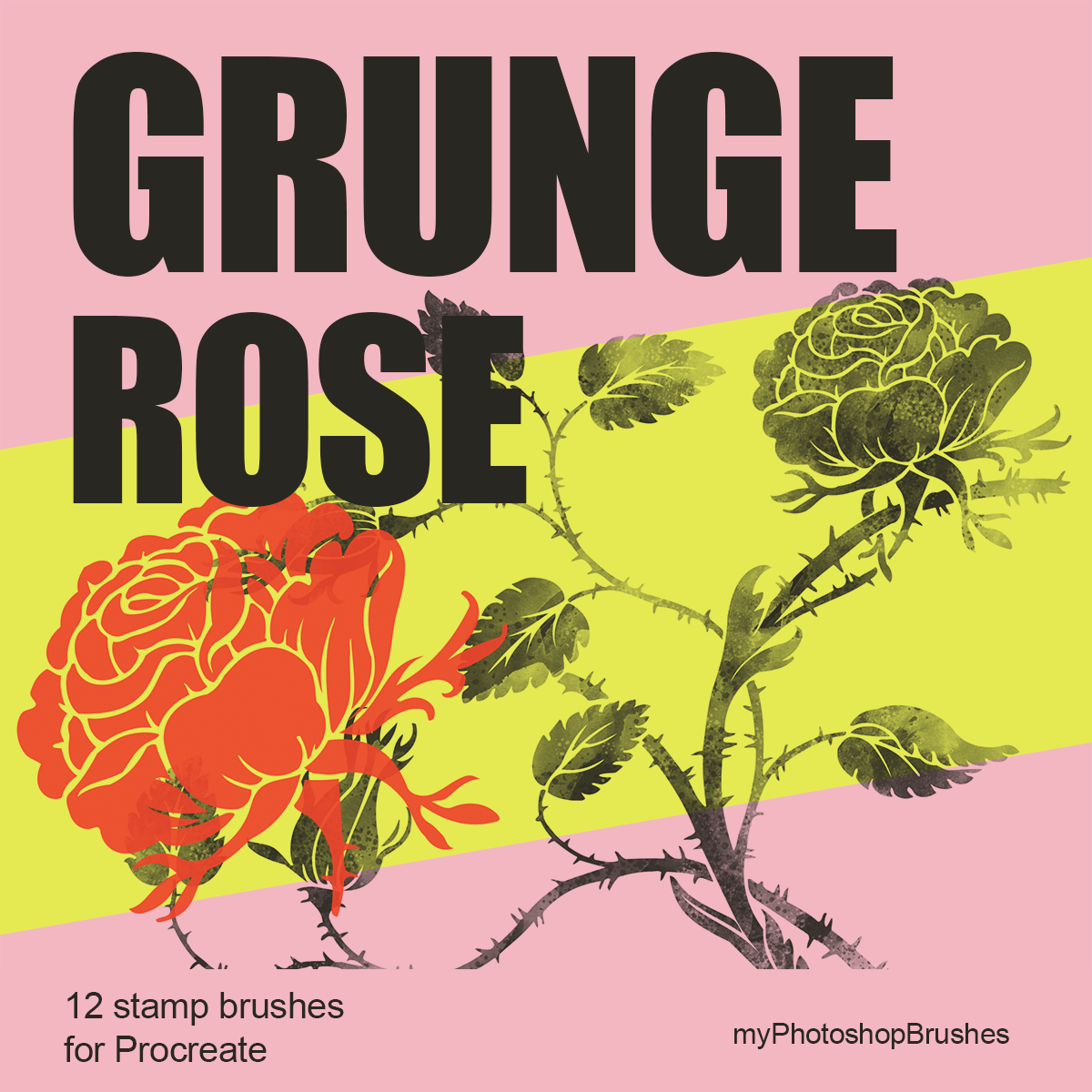 Grunge Rose Procreate brush cover with bold dark lettering, a red rose and textured charcoal branches over pink and yellow fields.