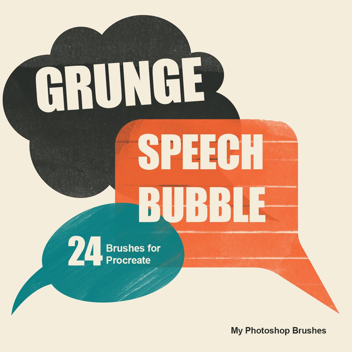 Grunge Speech Bubble cover with charcoal, orange and teal brush impressions on cream, labeled 24 Brushes for Procreate. 1