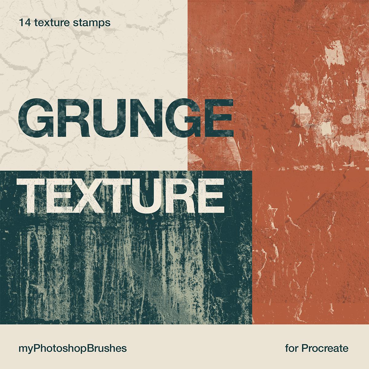 Grunge Texture cover with cracked, peeling and dripping surfaces in mineral white, terracotta and dark petrol, labeled 14 texture stamps for Procreate.