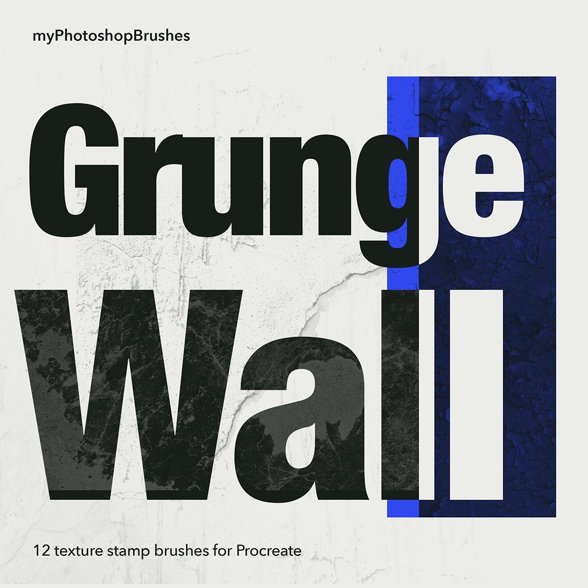 Grunge Wall: 12 texture stamp brushes for Procreate, with distressed lettering across a cobalt panel on a chalk-white background. 1