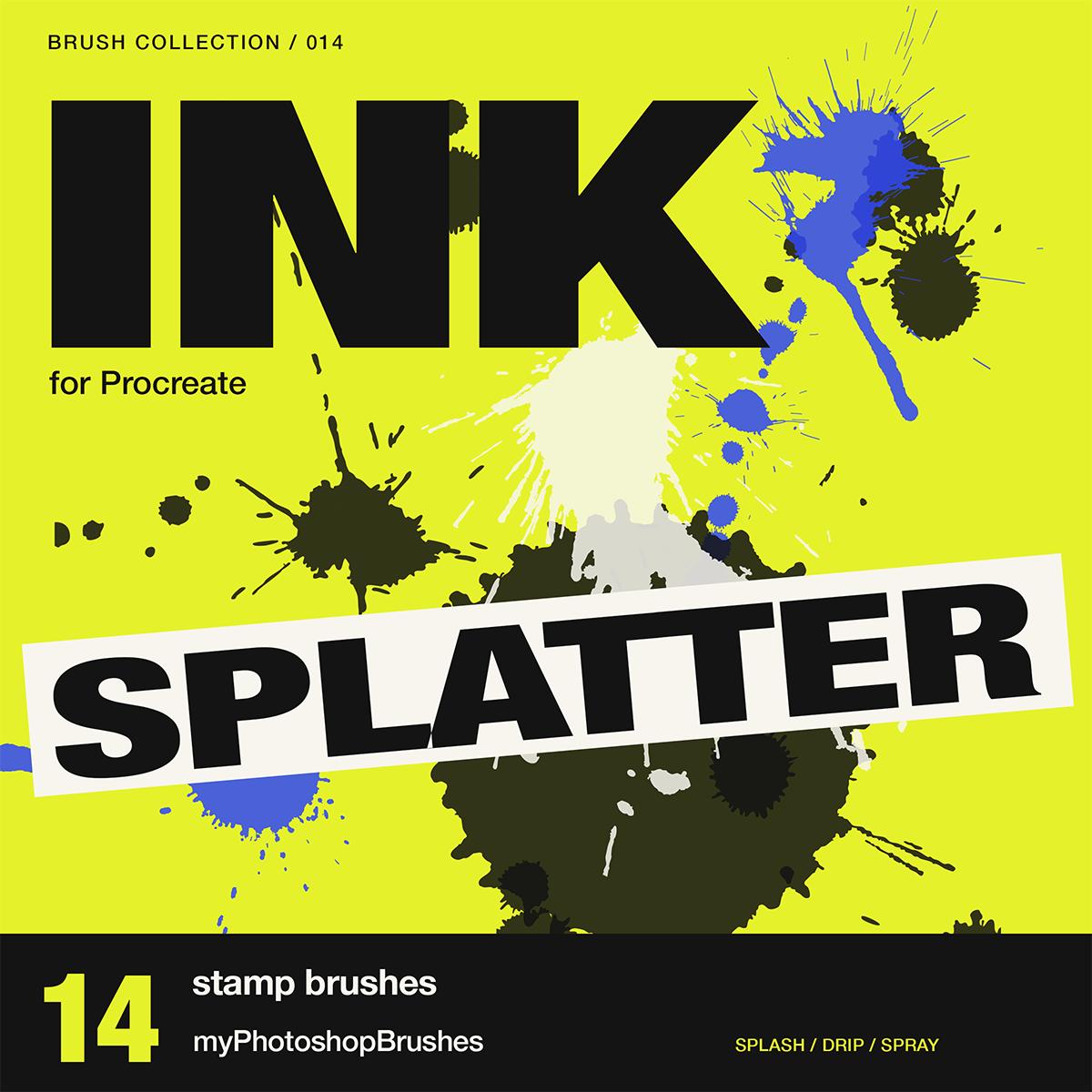 Black ink splashes on an acid-yellow poster with an angled SPLATTER title, labeled 14 stamp brushes for Procreate by myPhotoshopBrushes