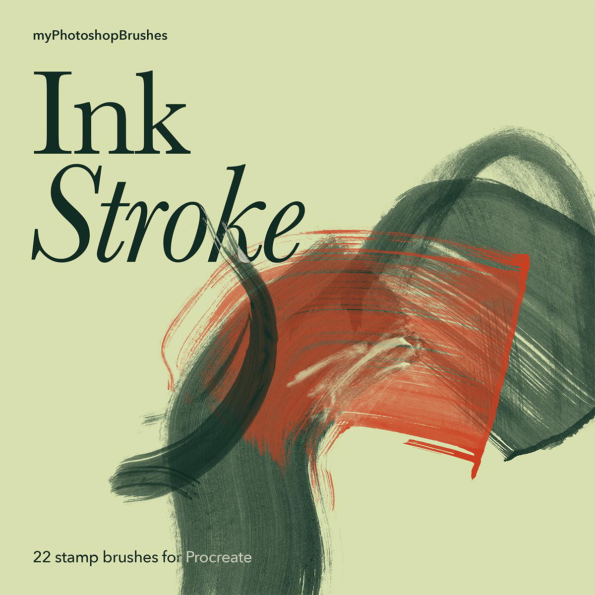 Ink Stroke cover with six overlapping green and vermilion ink stamps on pistachio, labeled 22 stamp brushes for Procreate