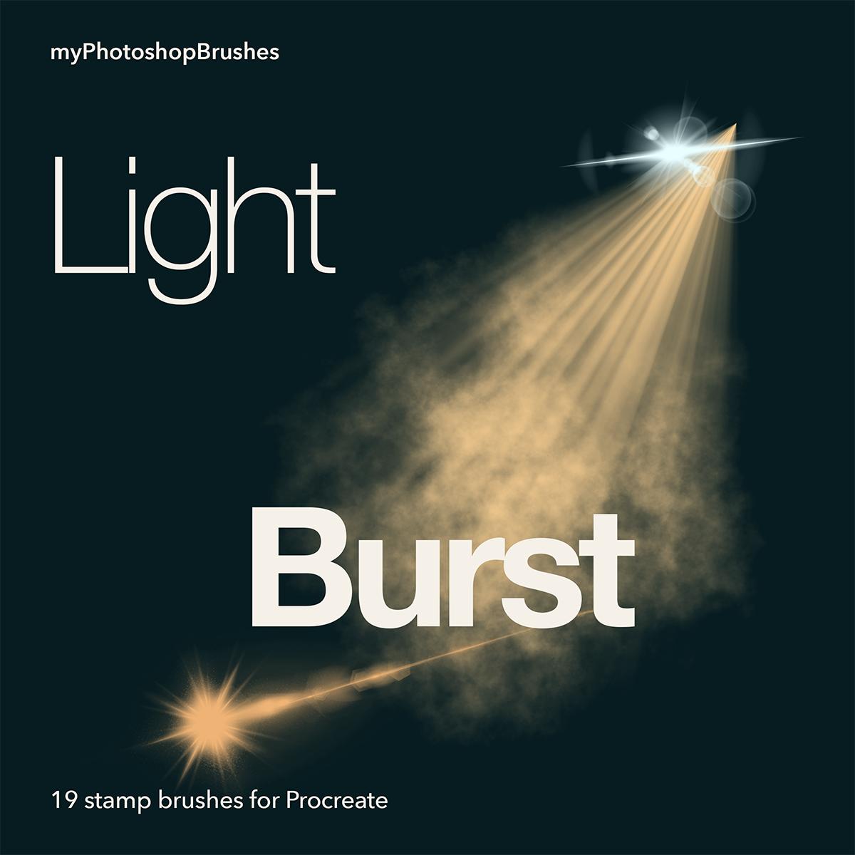 Light Burst cover with a warm diagonal spotlight and lens flares on dark teal, labeled 19 stamp brushes for Procreate.