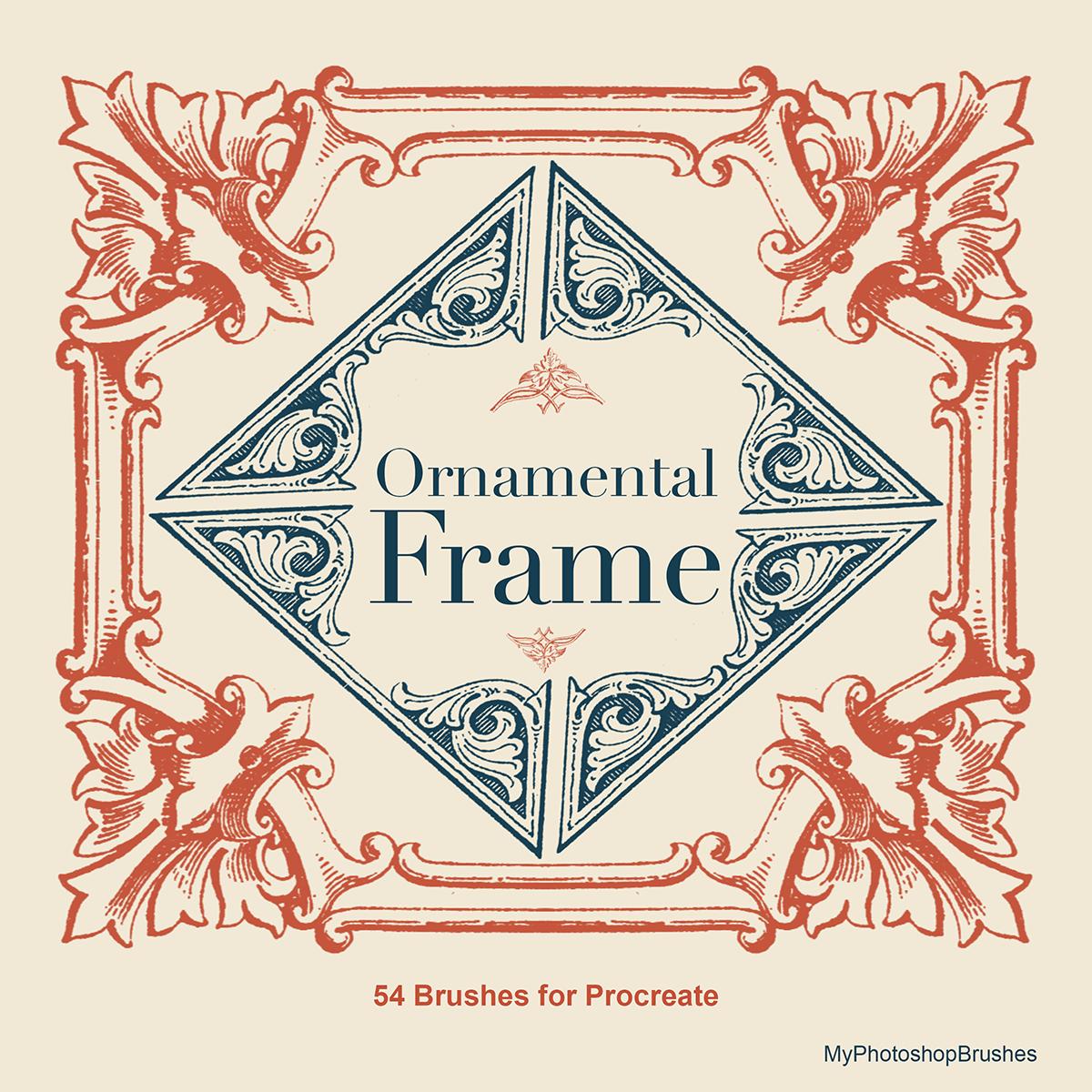 Ornamental Frame Procreate cover with vermilion floral ornaments and a centered Prussian-blue engraved diamond on ivory, labeled 54 Brushes for Procreate.