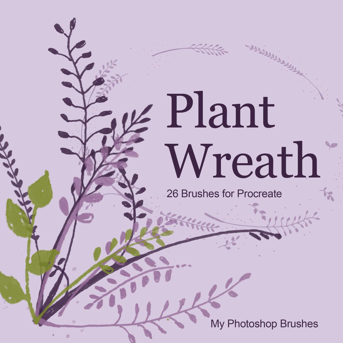 Plant Wreath Procreate cover with plum and olive botanical branches on pale lilac, labeled 26 Brushes for Procreate.