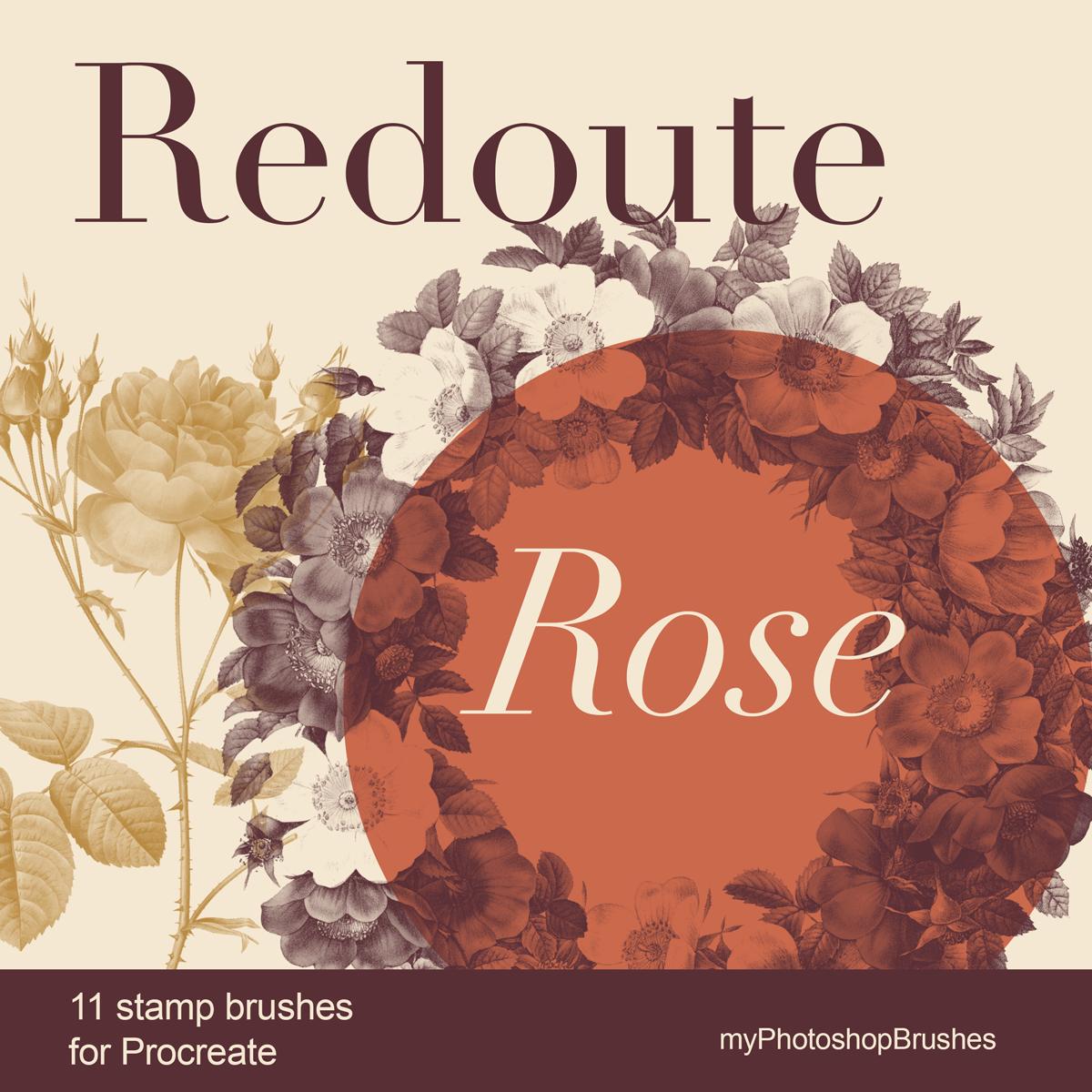 Redoute Rose cover with a burgundy rose wreath, ochre branch and terracotta circle on cream, labeled 11 stamp brushes for Procreate. 1