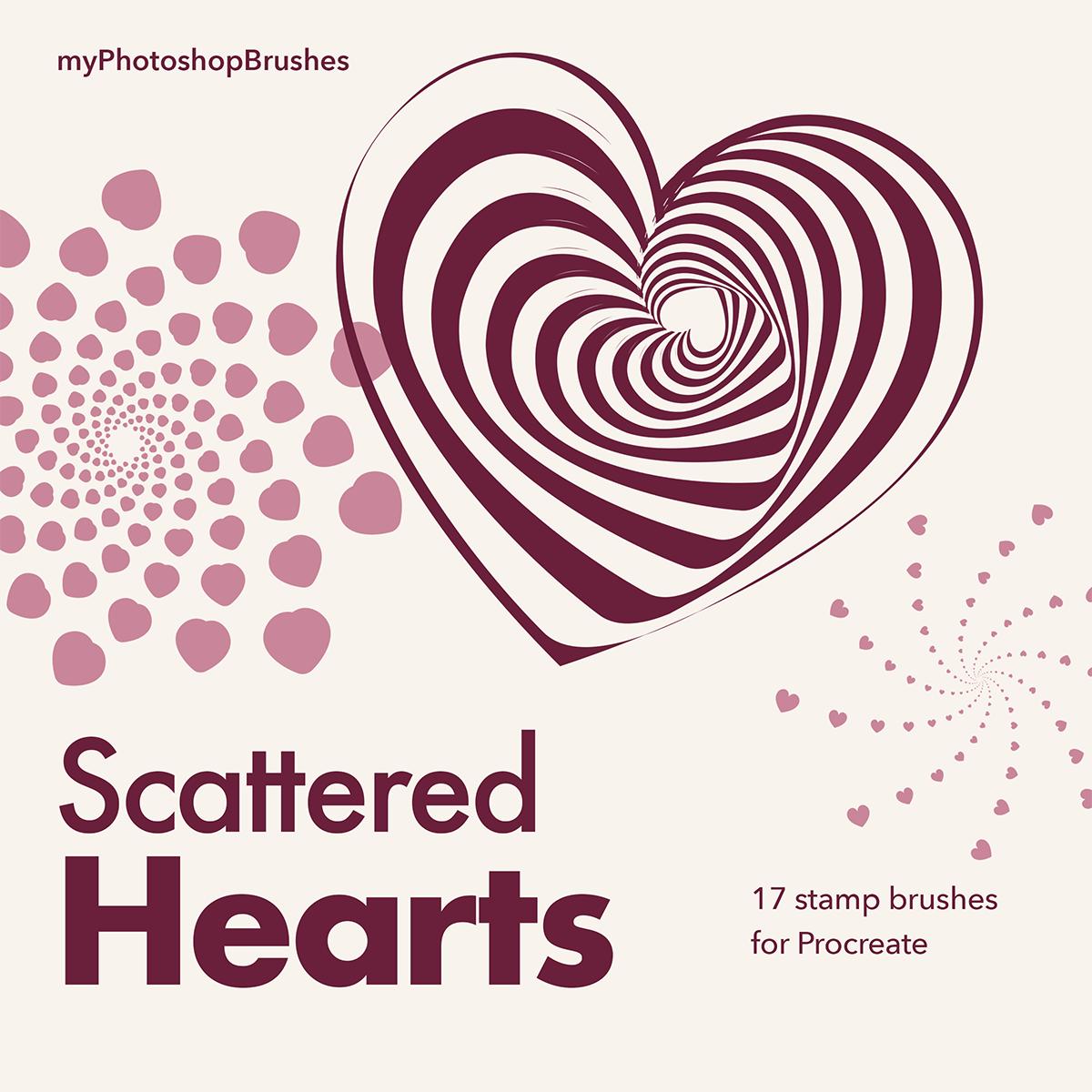 Scattered Hearts cover with a burgundy optical heart and muted pink heart spirals on warm white, labeled 17 stamp brushes for Procreate. 1