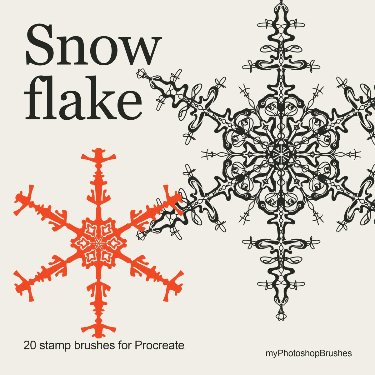 Snowflake Procreate brush cover with a large charcoal filigree snowflake and a vermilion branching snowflake on an ivory background. 1