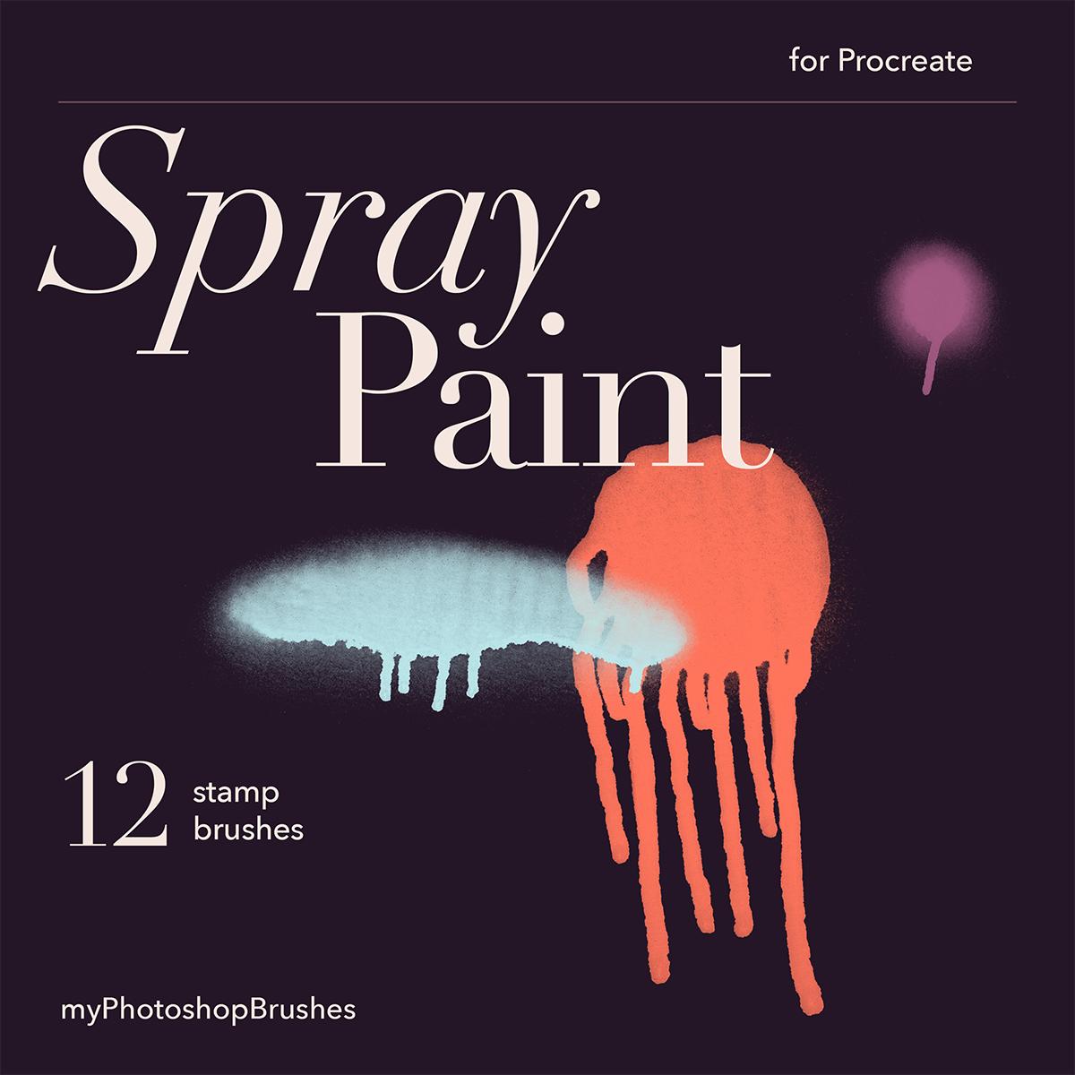 Spray Paint poster with an ivory title, coral drips and a pale blue aerosol sweep on dark plum, labeled 12 stamp brushes for Procreate by myPhotoshopBrushes 1
