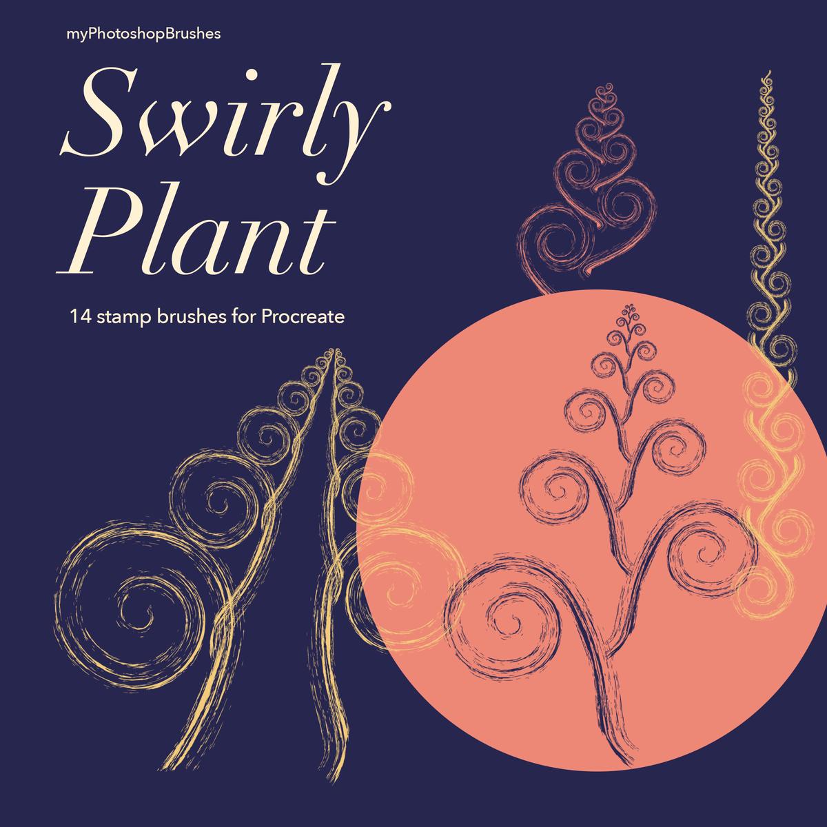 Swirly Plant cover with sketchy spiral plants in gold and coral on indigo, labeled 14 stamp brushes for Procreate. 1