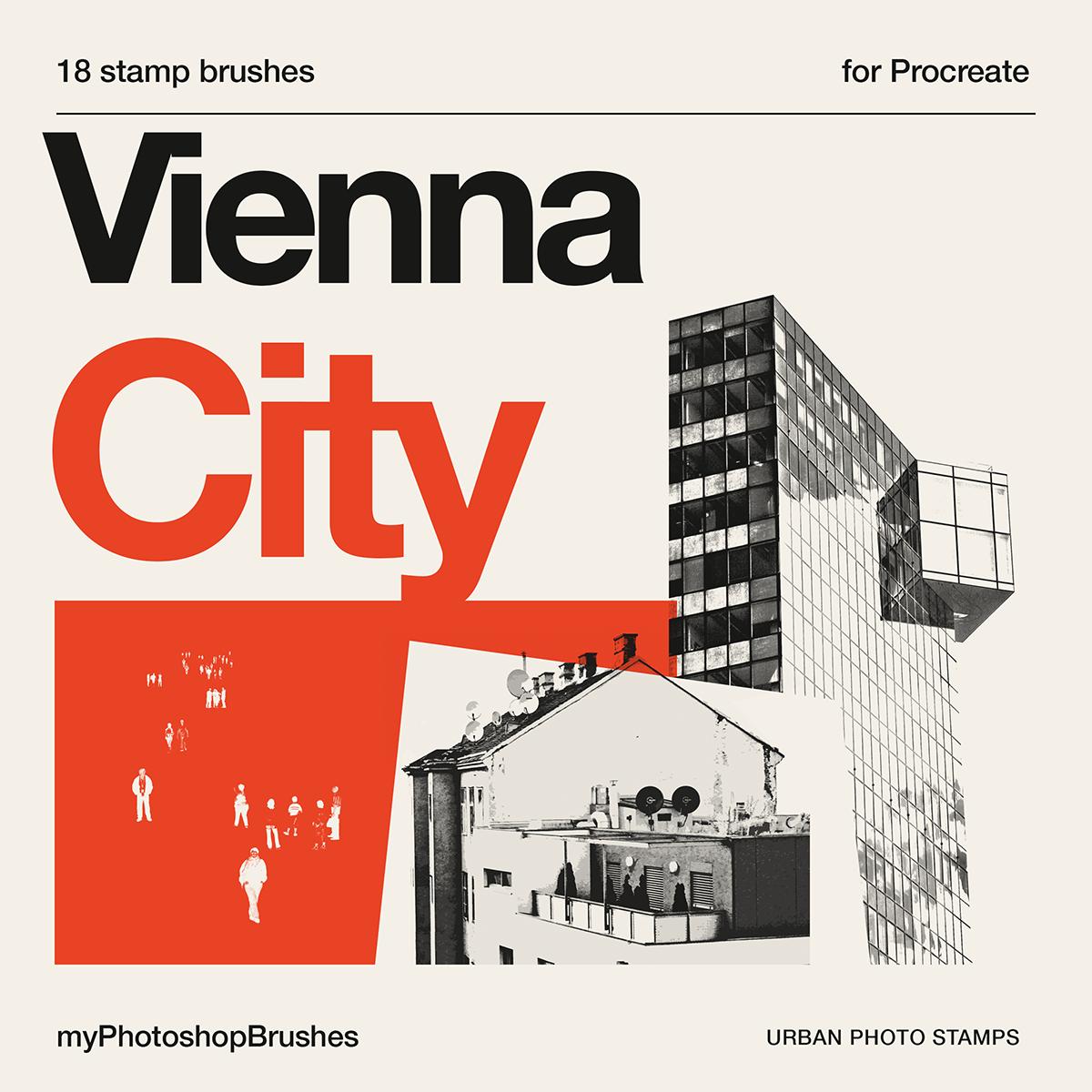 Vienna City cover with black architectural stamps and white pedestrians on red, labeled 18 stamp brushes for Procreate. 1