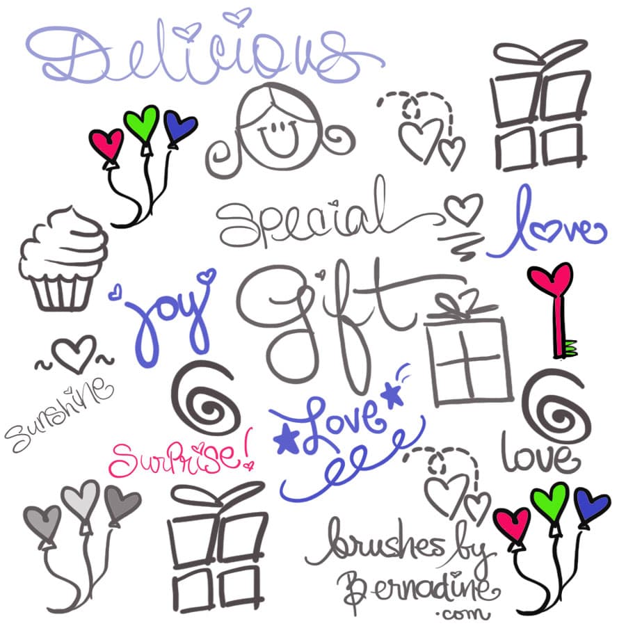 Set of 21 Cute, Sweet, Girly Girl Love Doodle Brushes