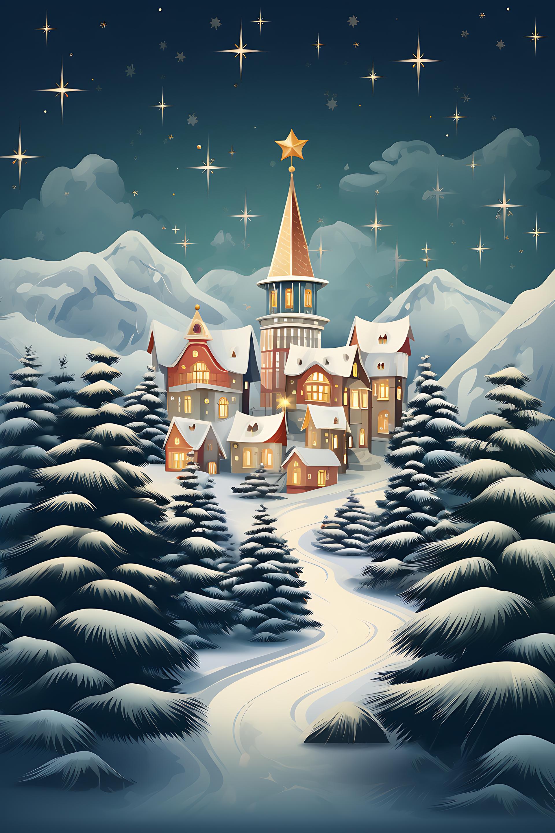 Starry Night over a Snowy Town