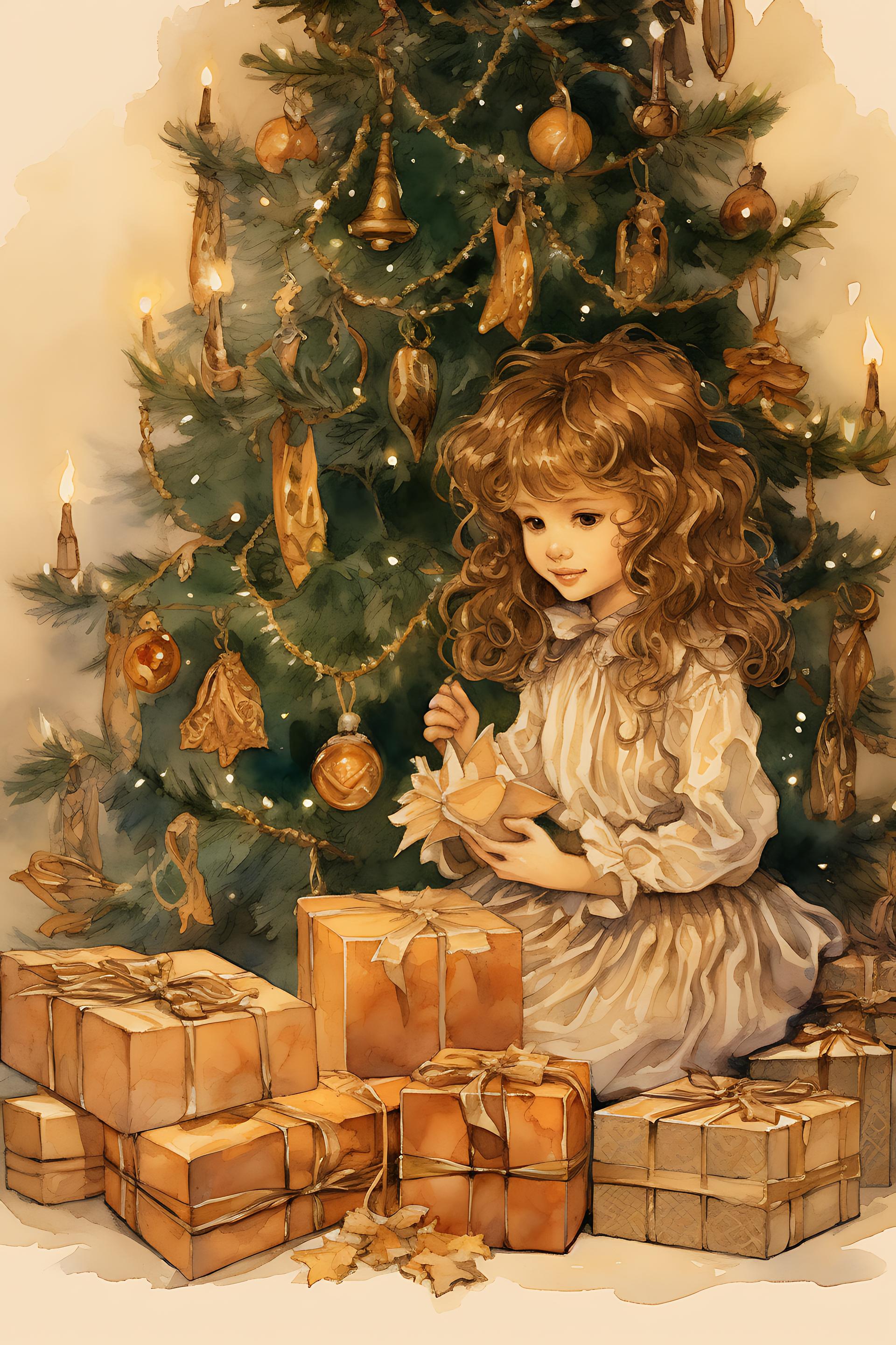 Charming Little Girl by the Christmas Tree