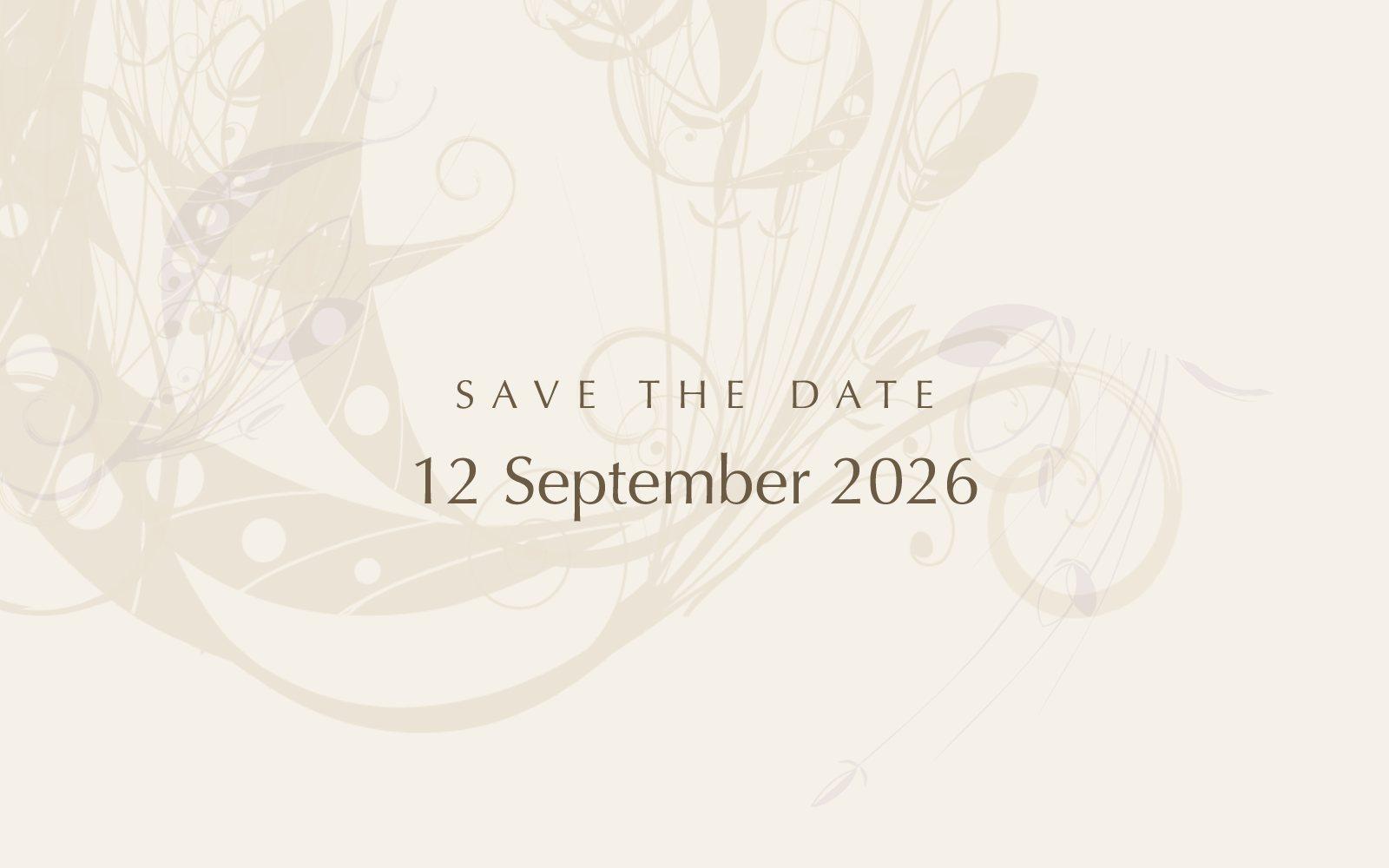 A save-the-date card whose background is built entirely from floral brush stamps in a tone barely darker than the paper