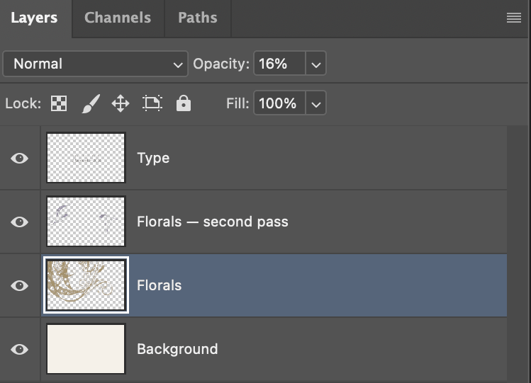 Photoshop's Layers panel showing the floral stamp layer set to 16% opacity above the background