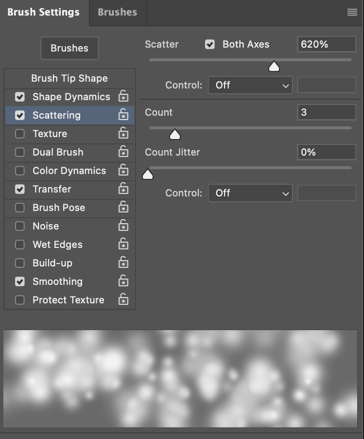 Photoshop's Brush Settings panel with Shape Dynamics, Scattering and Transfer enabled, Scatter set to 620% on both axes and Count 3