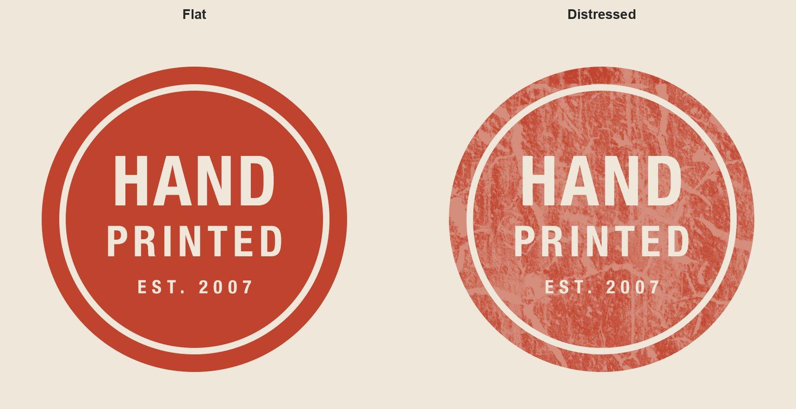 The same flat badge shown twice, clean on the left and worn-in by a grunge mask on the right