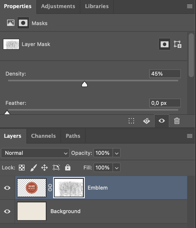 Photoshop's Properties panel with the layer mask's Density set to 45%, above the Layers panel showing the grunge mask thumbnail