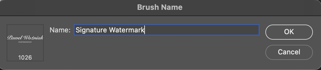 Photoshop's Brush Name dialog showing a signature being saved as a brush preset called Signature Watermark