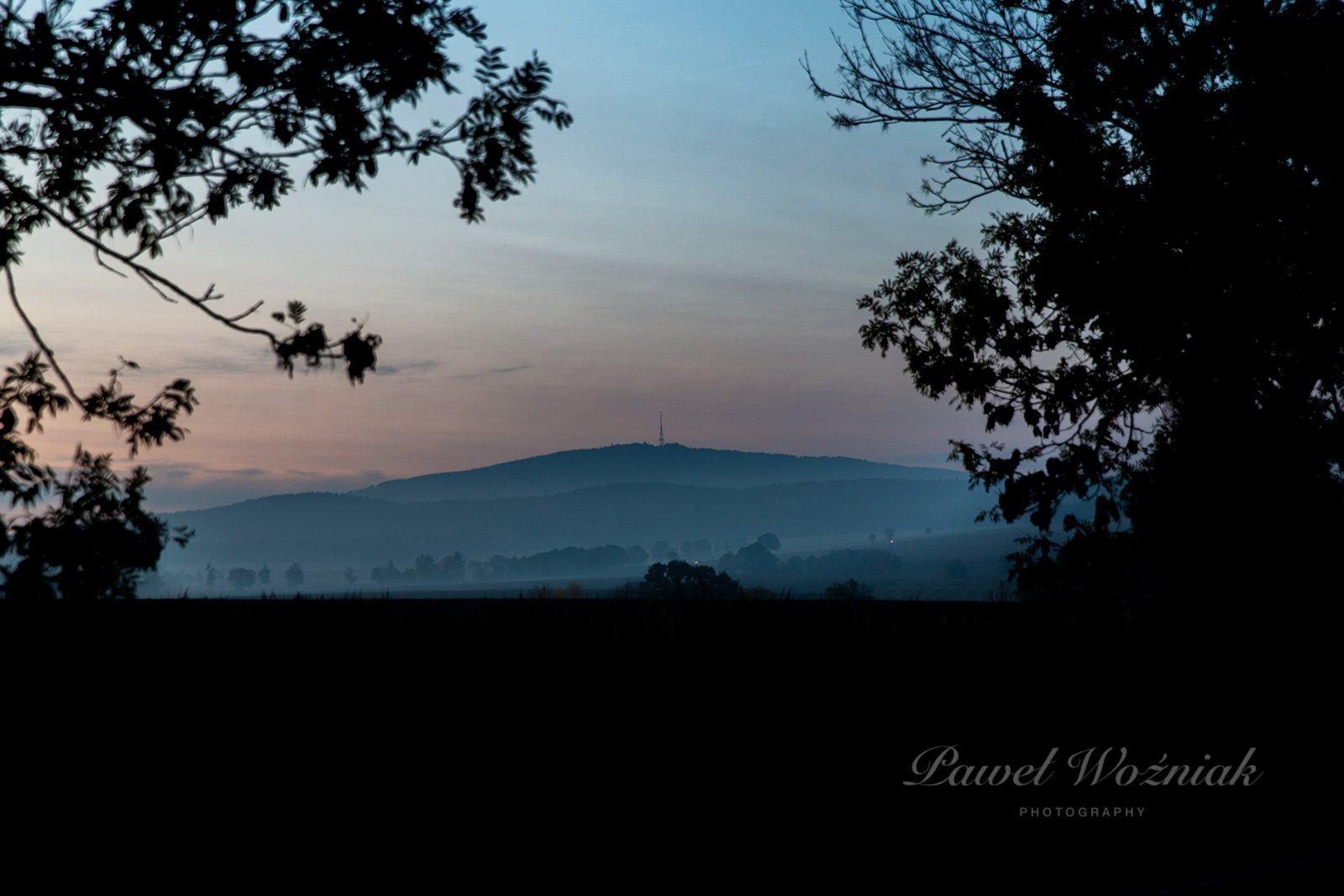 A misty dawn landscape with a signature watermark stamped into the dark foreground at low opacity
