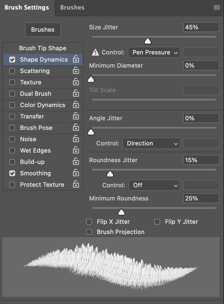 Photoshop's Brush Settings panel with Shape Dynamics open, Angle Jitter control set to Direction and Size Jitter at 45% driven by pen pressure