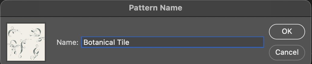 Photoshop's Pattern Name dialog showing a floral tile being saved as a pattern called Botanical Tile
