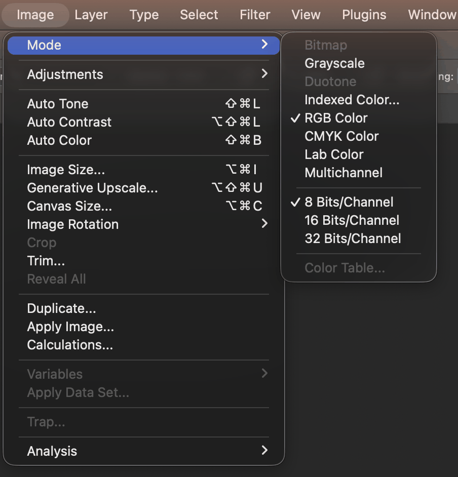 The Image, Mode submenu in Photoshop with Grayscale highlighted