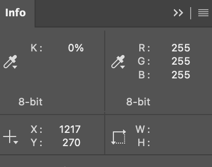 The Info panel reading K 0 percent and RGB 255, 255, 255 over the background