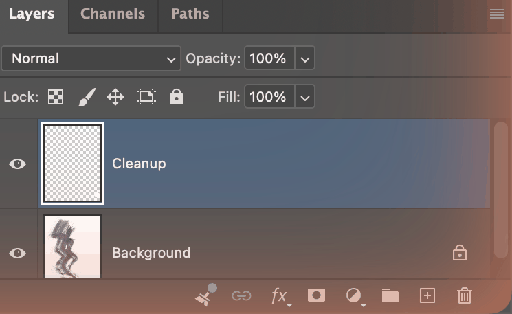 The Layers panel showing an empty Cleanup layer above the Background