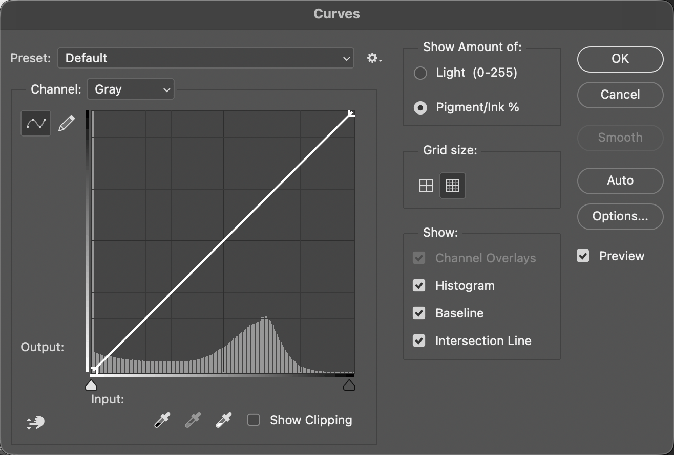 The Curves dialog in Grayscale mode, set to Pigment/Ink percent