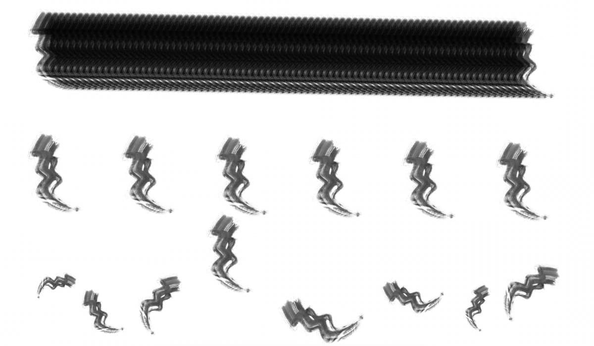 Three strokes: dense at 10 percent spacing, separated at 150 percent, then varied with Shape Dynamics and Scattering