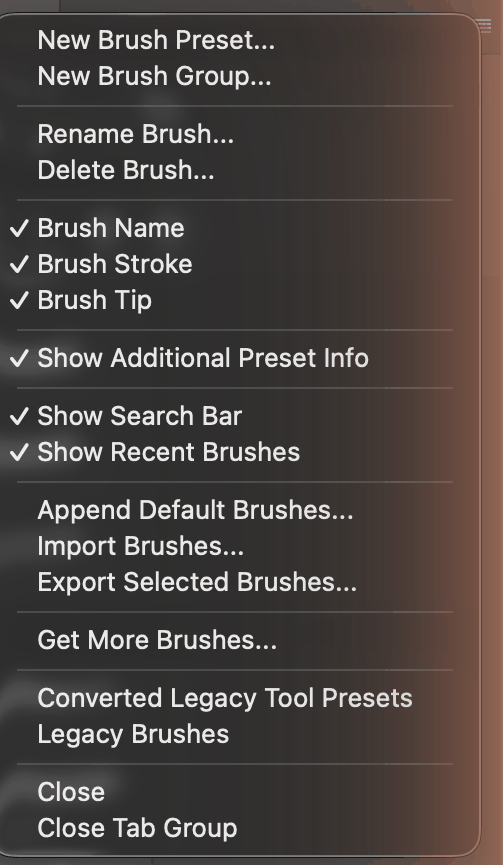 The Brushes panel menu with Export Selected Brushes highlighted