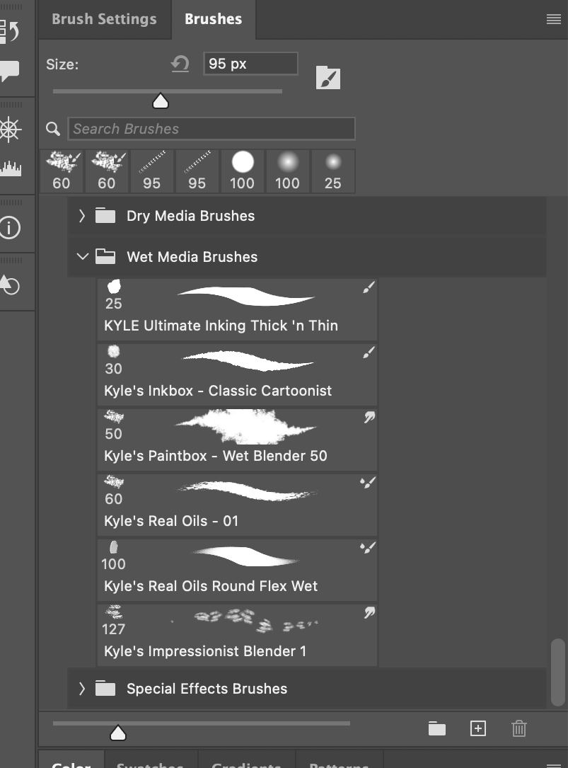 The Brushes panel with the Wet Media Brushes group expanded, showing stroke previews for each brush