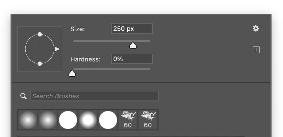 The on-canvas Brush Preset picker: Size and Hardness sliders above the recently used brushes