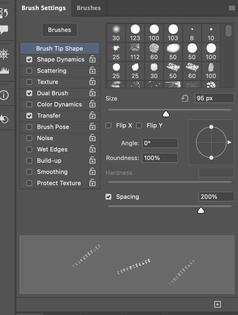 Brush Tip Shape in the Brush Settings panel — note the greyed-out Hardness for a sampled tip and Spacing raised to 200%