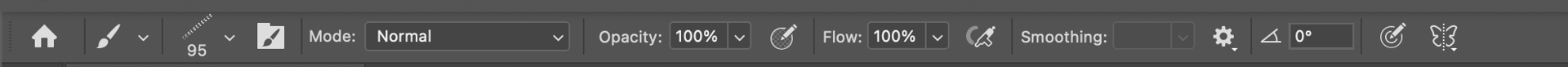 The Brush tool options bar: Mode, Opacity, Flow, the airbrush toggle, and Smoothing