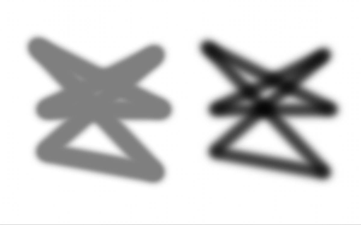 Two self-crossing scribbles: at 50% opacity the crossings stay flat (left); at 20% flow every crossing builds up darker (right)