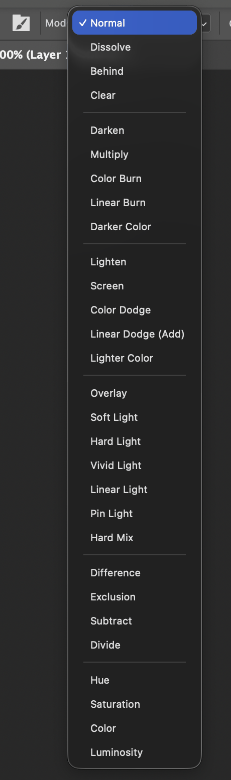 The Mode menu in the options bar with the brush-only Behind and Clear modes available